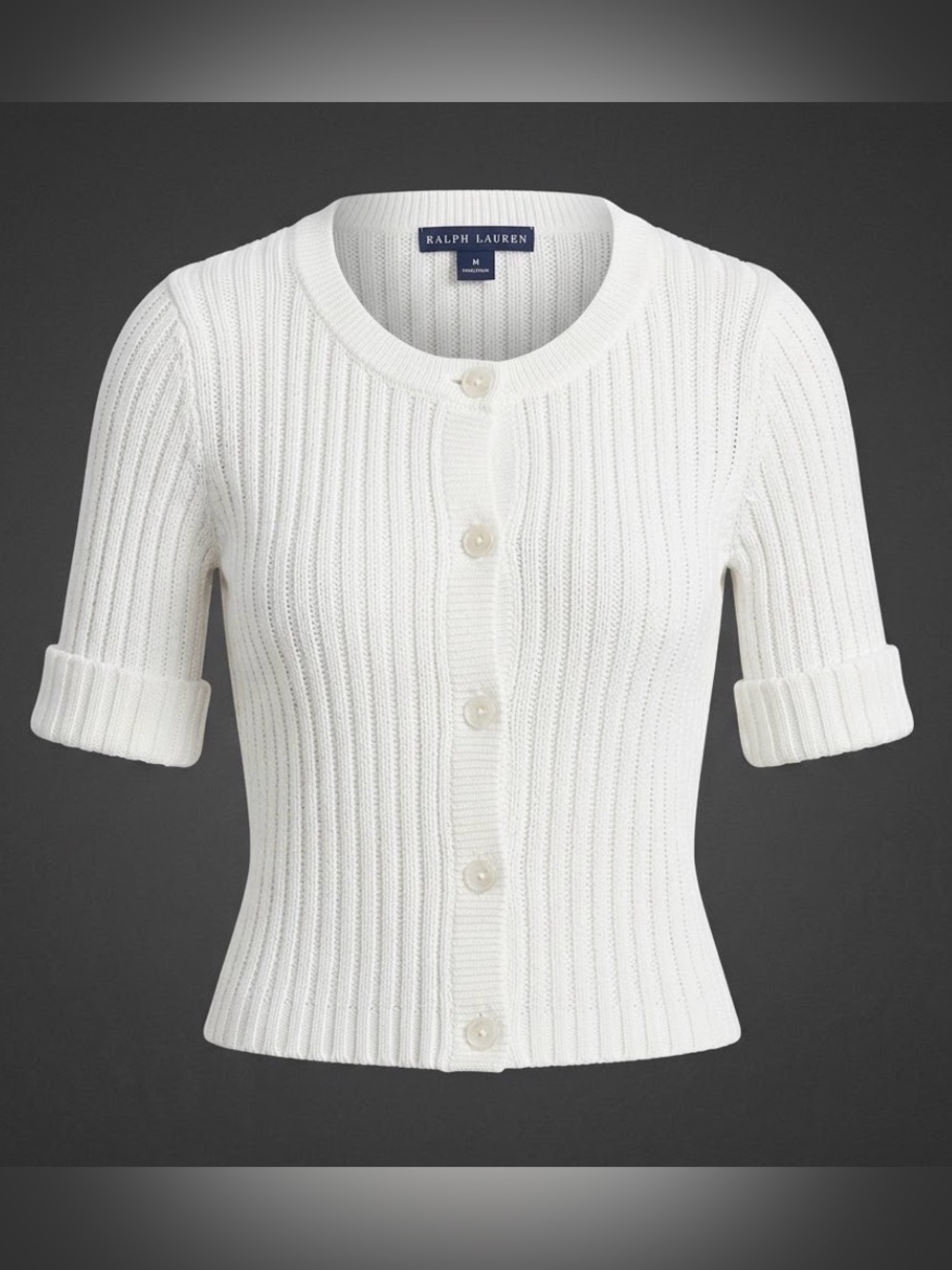 Ralph Lauren Black Label White Ribbed 3/4 Sleeve Cotton Cardigan Sweater Medium